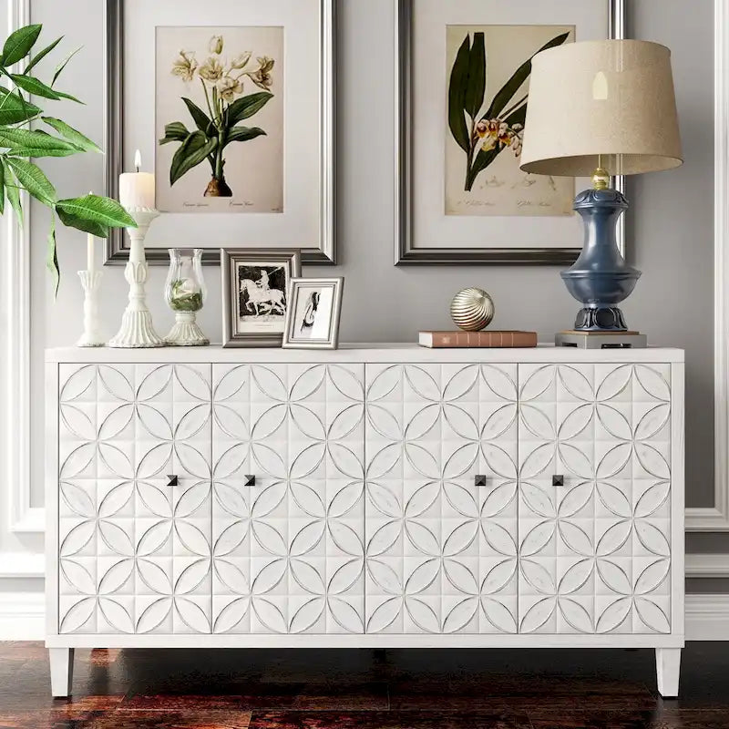 4-Door Sideboard Circle Petal Relief Doors Adjustable Shelves Black Knobs White Washed