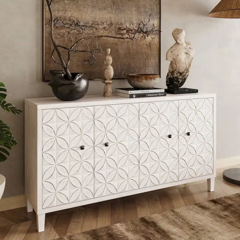 4-Door Sideboard Circle Petal Relief Doors Adjustable Shelves Black Knobs White Washed