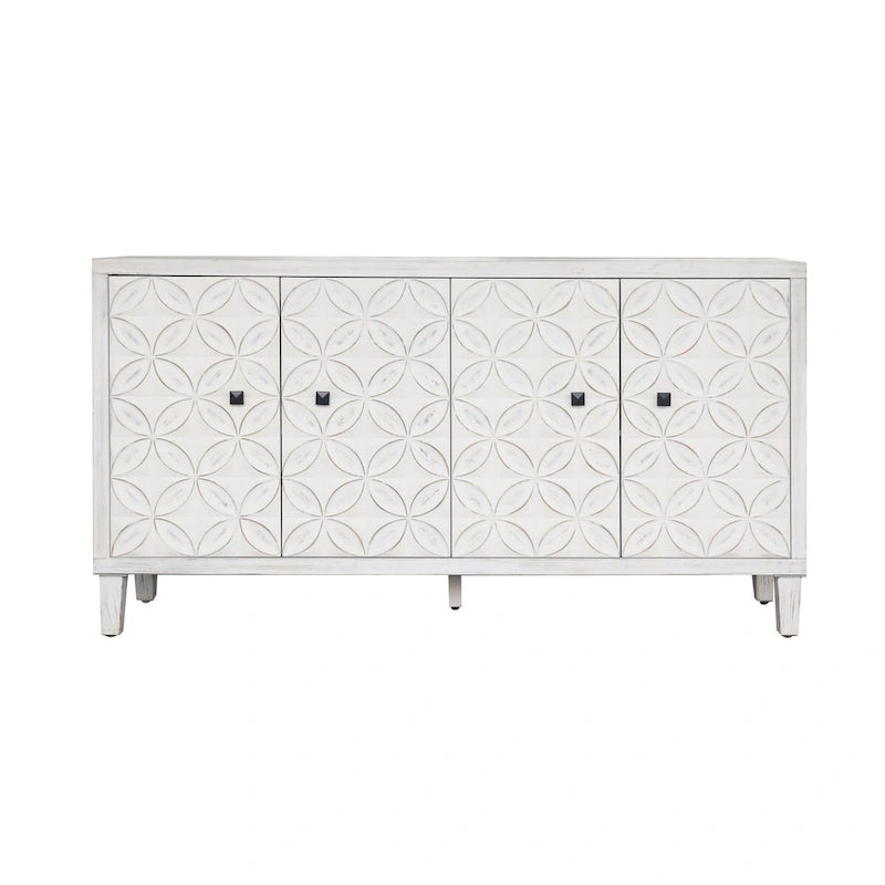 4-Door Sideboard Circle Petal Relief Doors Adjustable Shelves Black Knobs White Washed