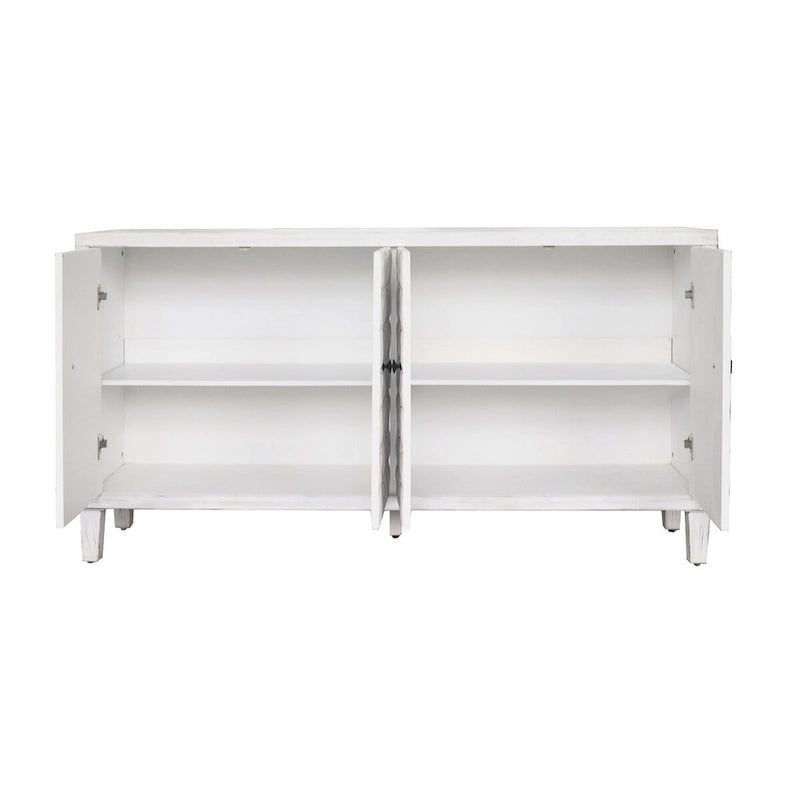 4-Door Sideboard Circle Petal Relief Doors Adjustable Shelves Black Knobs White Washed
