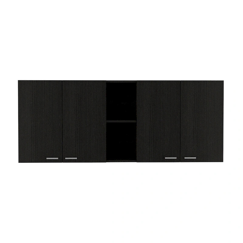 59-Inch Wall-Mount Kitchen Cabinet 4 Swing Doors Center Open Shelves Silver Pulls Black