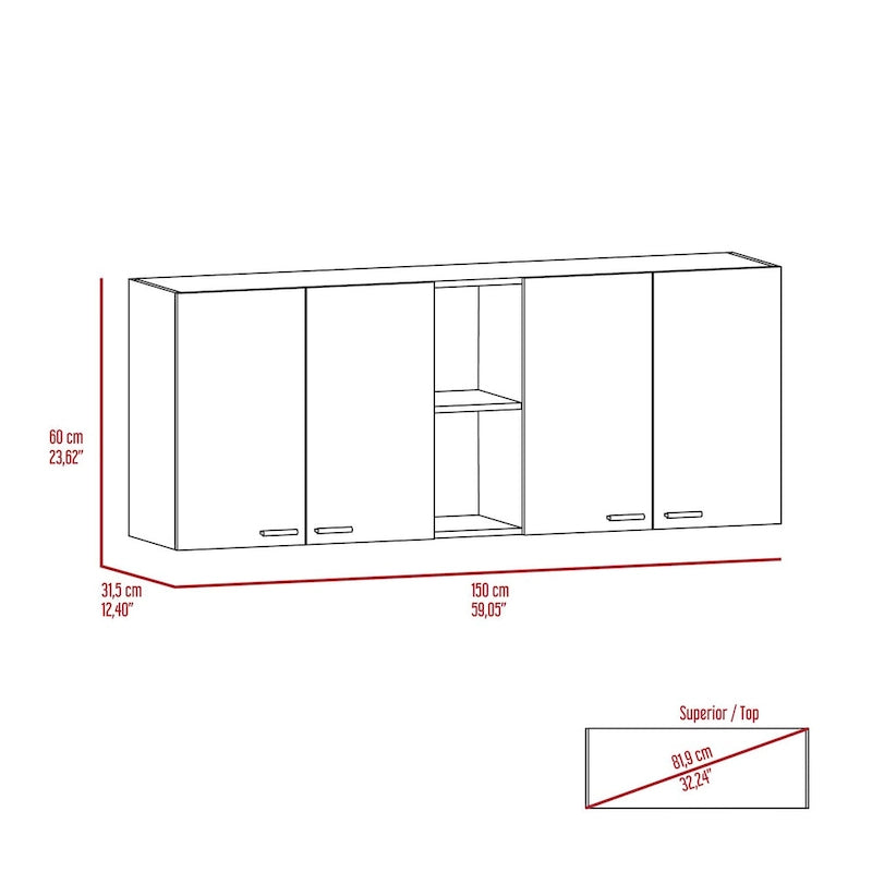 59-Inch Wall-Mount Kitchen Cabinet 4 Swing Doors Center Open Shelves Silver Pulls Black