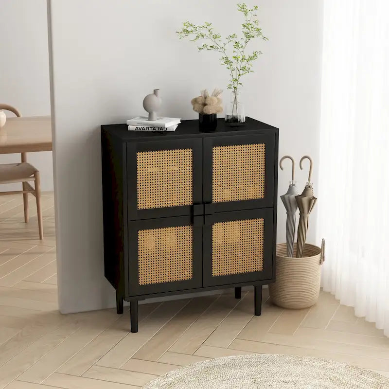 4-Door Rattan Mesh Storage Cabinet Solid Wood Legs Diamond Handles Black