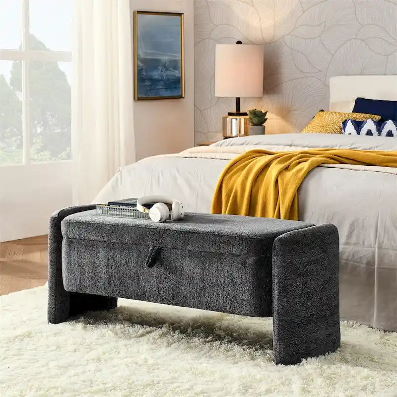 Rectangular Chenille Storage Ottoman Bench Flip Top Rounded Edges Grey