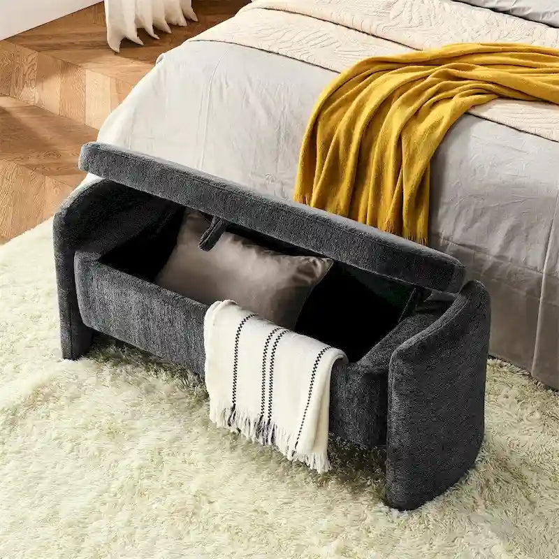 Rectangular Chenille Storage Ottoman Bench Flip Top Rounded Edges Grey