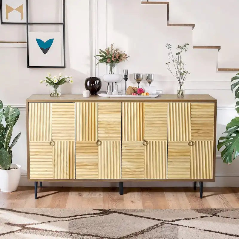 4-Door Sideboard Checkerboard Fluted Pine Panels Gold Ring Pulls Black Metal Legs Brown