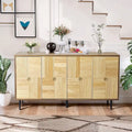 4-Door Sideboard Checkerboard Fluted Pine Panels Gold Ring Pulls Black Metal Legs Brown