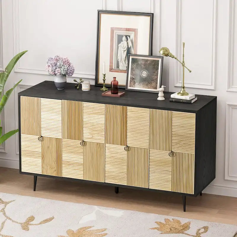 4-Door Sideboard Checkerboard Fluted Pine Panels Gold Ring Pulls Black Metal Legs Brown