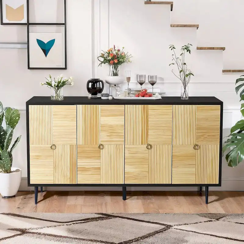 4-Door Sideboard Checkerboard Fluted Pine Panels Gold Ring Pulls Black Metal Legs Brown