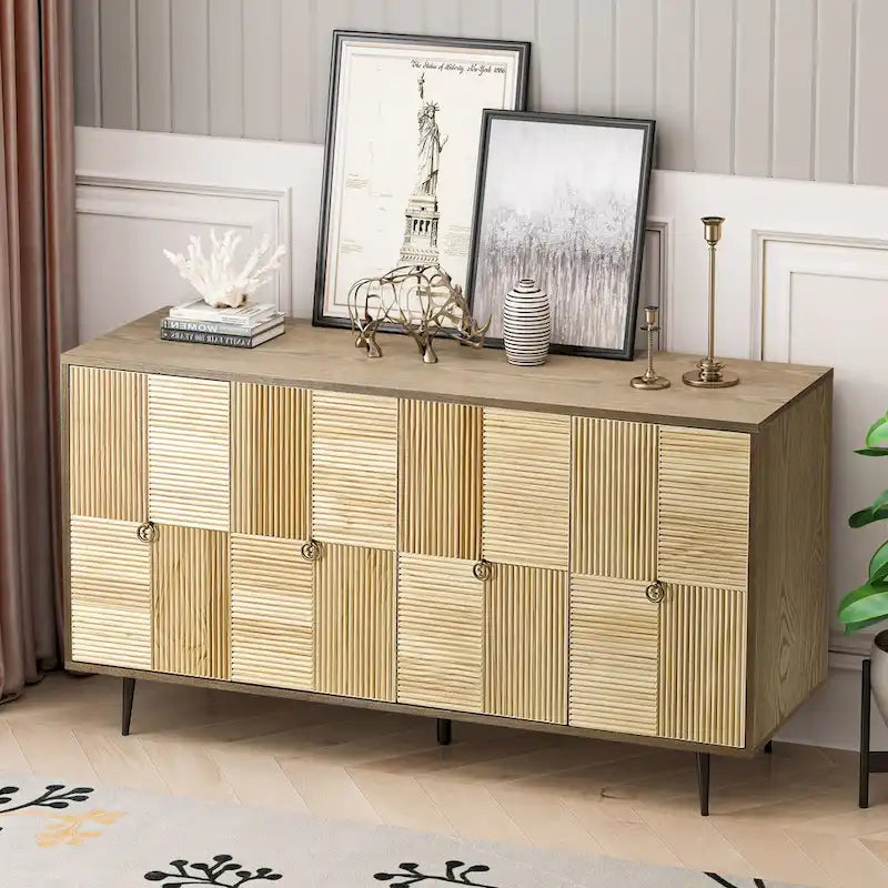4-Door Sideboard Checkerboard Fluted Pine Panels Gold Ring Pulls Black Metal Legs Brown
