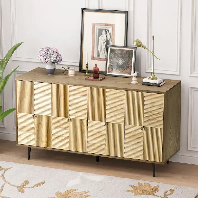 4-Door Sideboard Checkerboard Fluted Pine Panels Gold Ring Pulls Black Metal Legs Brown