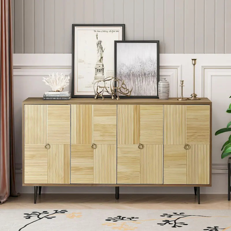 4-Door Sideboard Checkerboard Fluted Pine Panels Gold Ring Pulls Black Metal Legs Brown