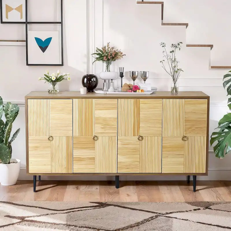 4-Door Sideboard Checkerboard Fluted Pine Panels Gold Ring Pulls Black Metal Legs Brown