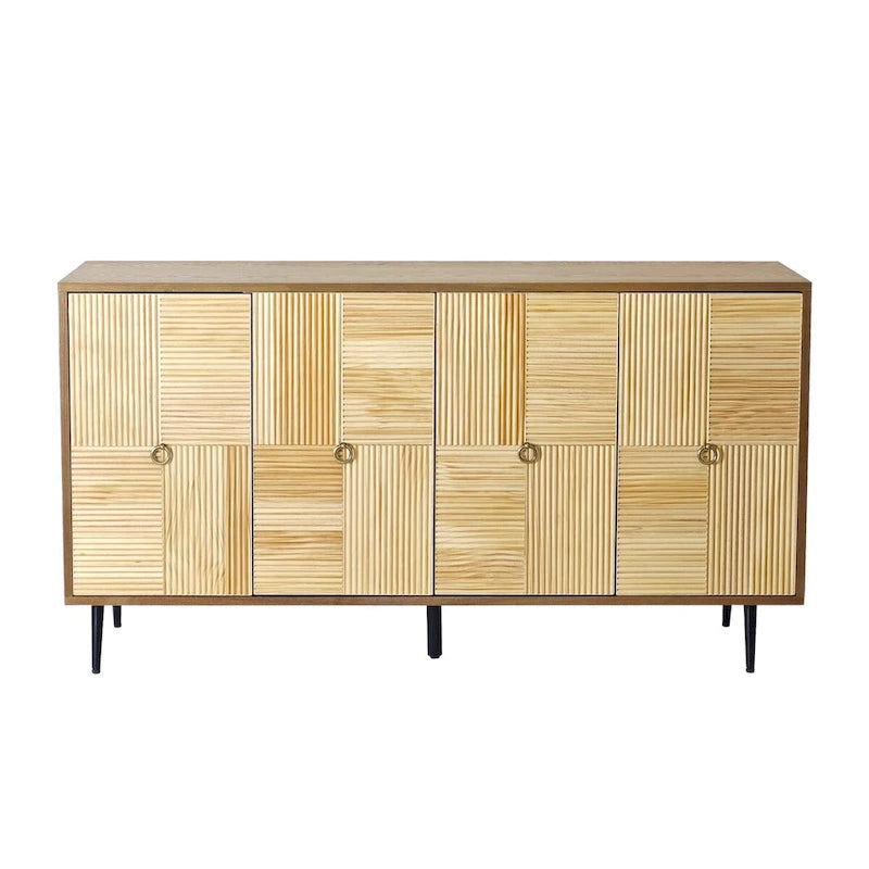 4-Door Sideboard Checkerboard Fluted Pine Panels Gold Ring Pulls Black Metal Legs Brown