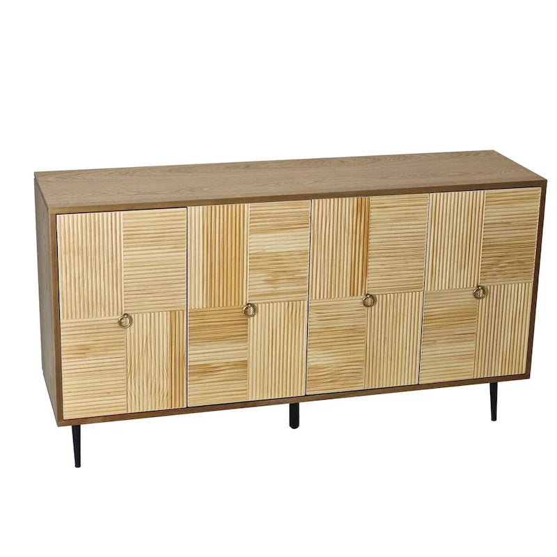4-Door Sideboard Checkerboard Fluted Pine Panels Gold Ring Pulls Black Metal Legs Brown
