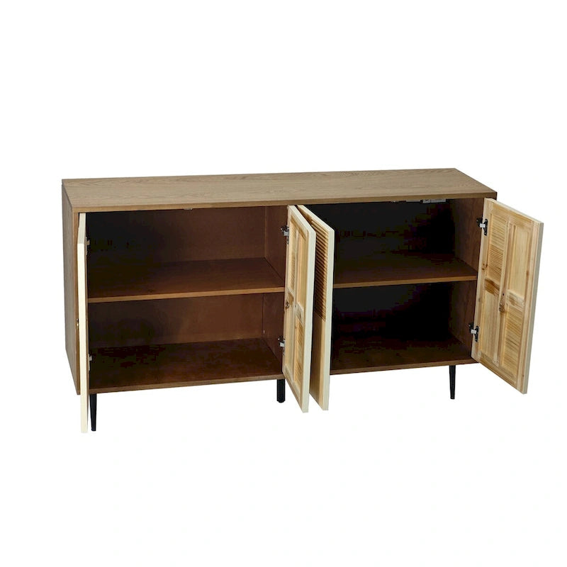 4-Door Sideboard Checkerboard Fluted Pine Panels Gold Ring Pulls Black Metal Legs Brown