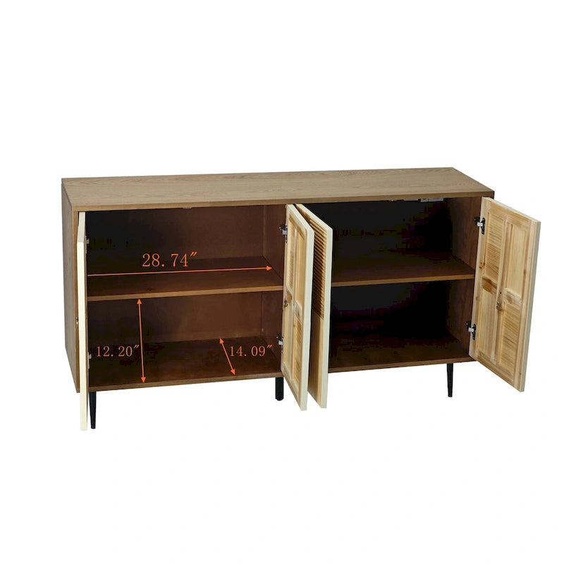 4-Door Sideboard Checkerboard Fluted Pine Panels Gold Ring Pulls Black Metal Legs Brown