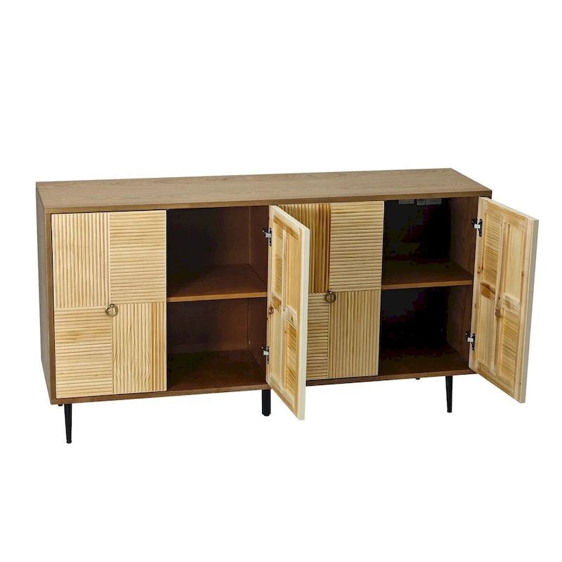 4-Door Sideboard Checkerboard Fluted Pine Panels Gold Ring Pulls Black Metal Legs Brown