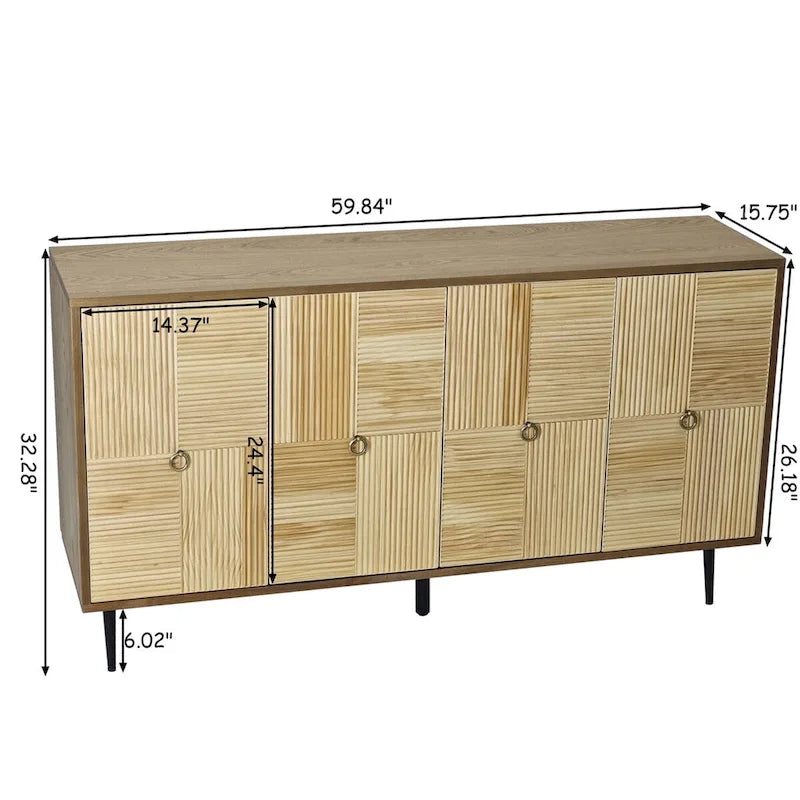 4-Door Sideboard Checkerboard Fluted Pine Panels Gold Ring Pulls Black Metal Legs Brown