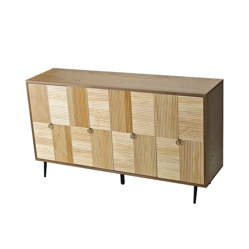 4-Door Sideboard Checkerboard Fluted Pine Panels Gold Ring Pulls Black Metal Legs Brown