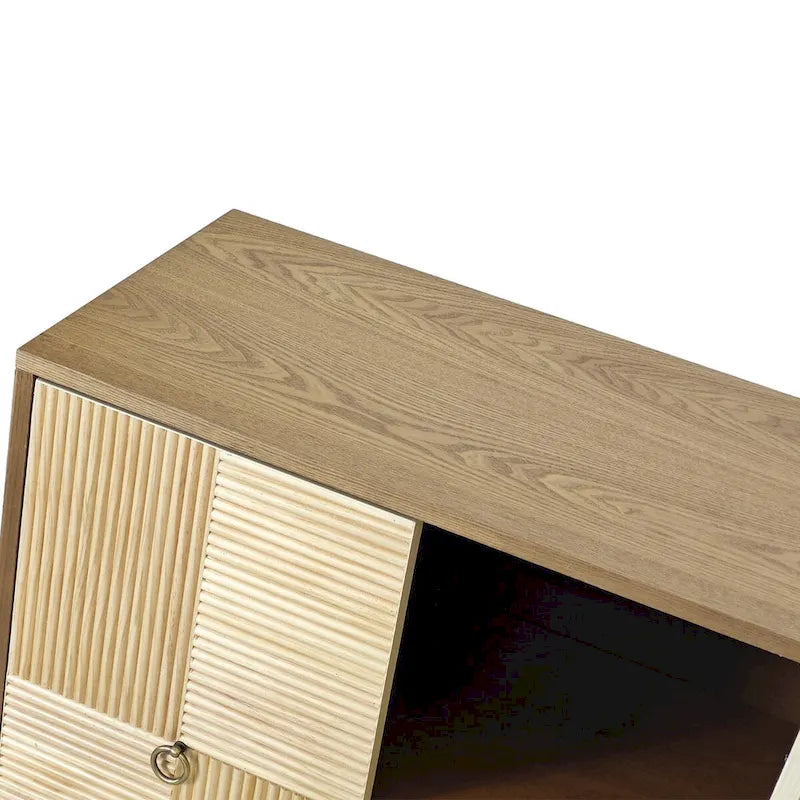 4-Door Sideboard Checkerboard Fluted Pine Panels Gold Ring Pulls Black Metal Legs Brown