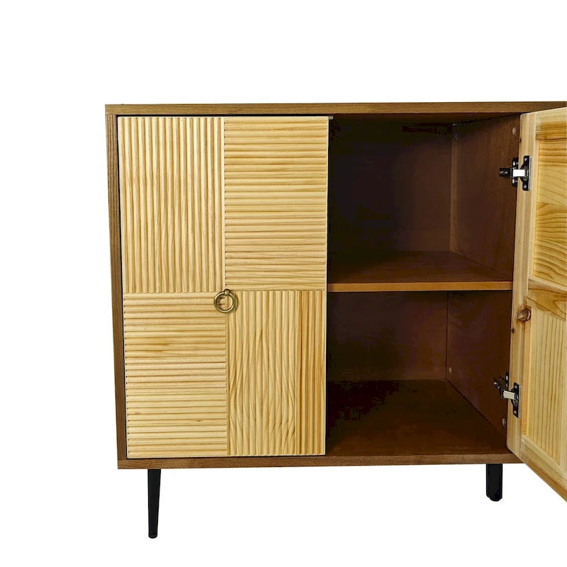 4-Door Sideboard Checkerboard Fluted Pine Panels Gold Ring Pulls Black Metal Legs Brown