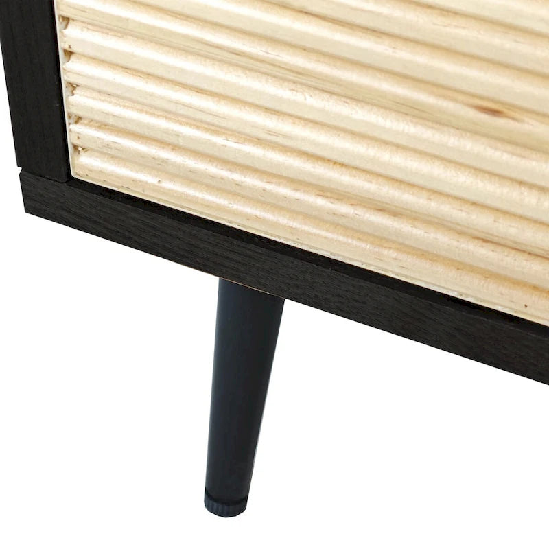 4-Door Sideboard Checkerboard Fluted Pine Panels Gold Ring Pulls Black Metal Legs Brown