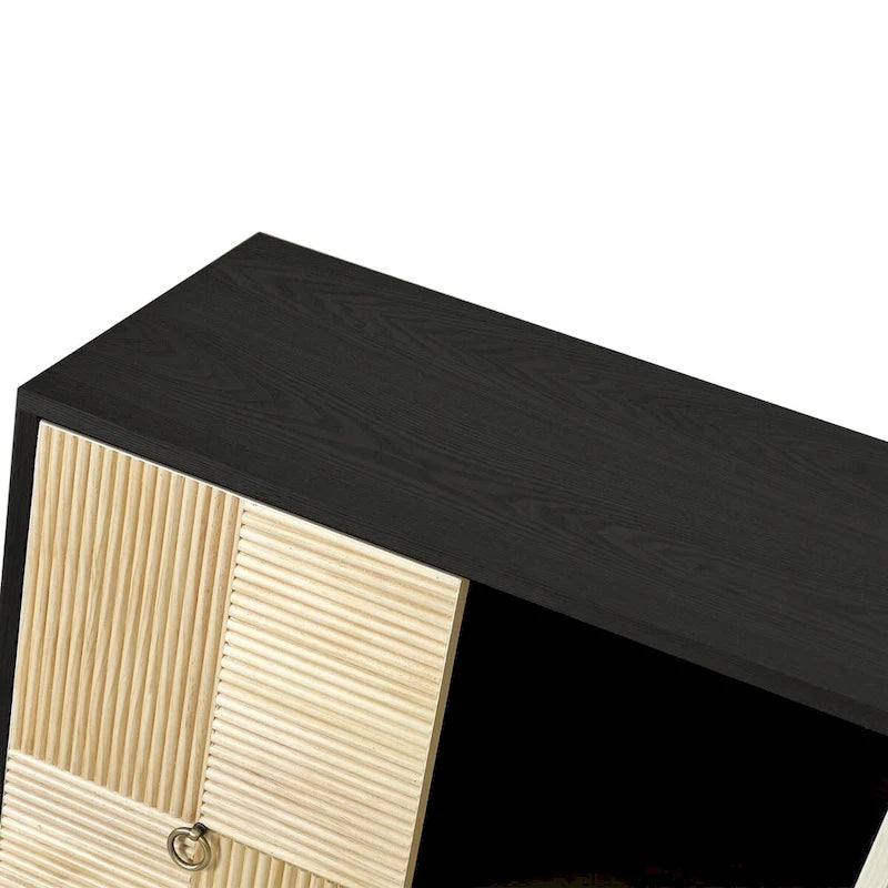 4-Door Sideboard Checkerboard Fluted Pine Panels Gold Ring Pulls Black Metal Legs Brown