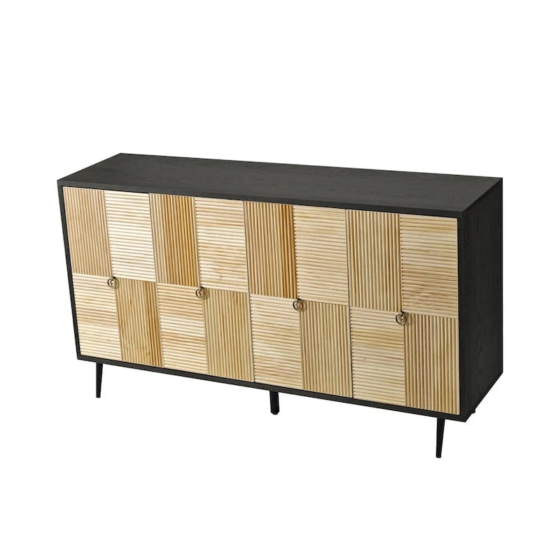 4-Door Sideboard Checkerboard Fluted Pine Panels Gold Ring Pulls Black Metal Legs Brown