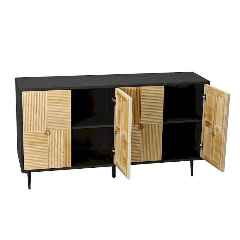 4-Door Sideboard Checkerboard Fluted Pine Panels Gold Ring Pulls Black Metal Legs Brown