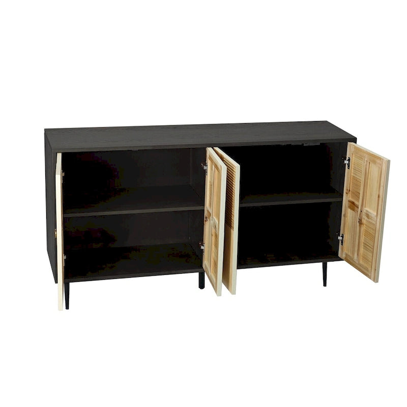 4-Door Sideboard Checkerboard Fluted Pine Panels Gold Ring Pulls Black Metal Legs Brown
