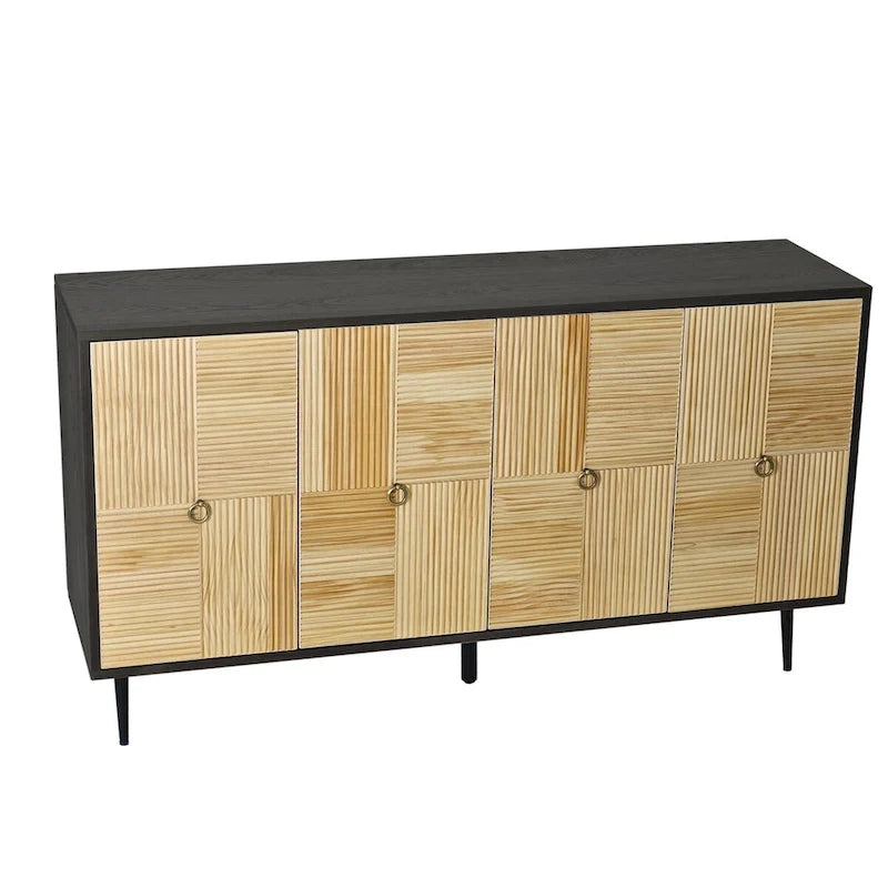 4-Door Sideboard Checkerboard Fluted Pine Panels Gold Ring Pulls Black Metal Legs Brown