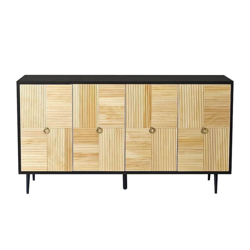 4-Door Sideboard Checkerboard Fluted Pine Panels Gold Ring Pulls Black Metal Legs Brown