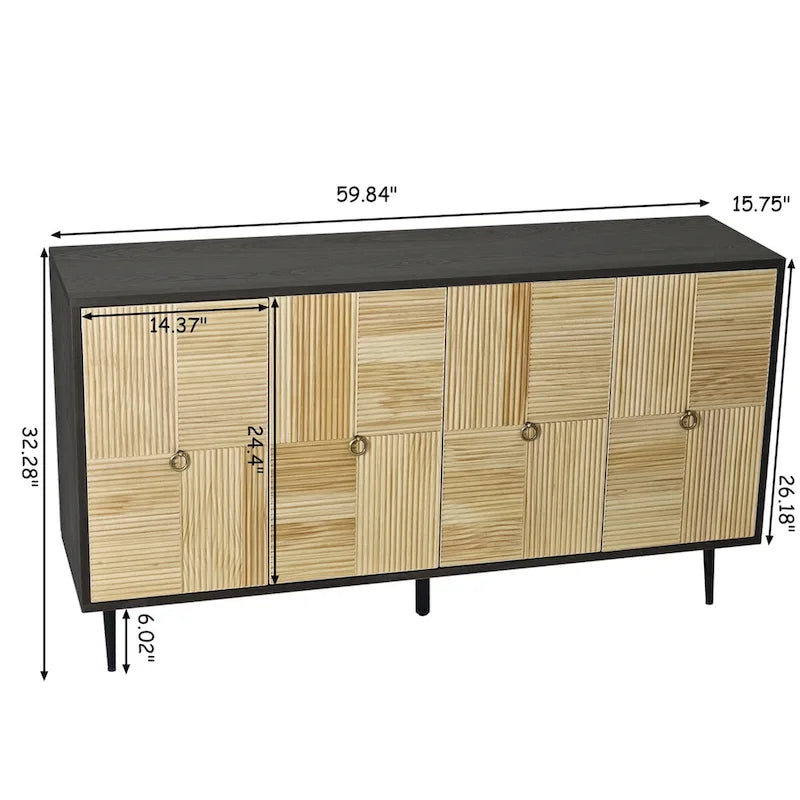 4-Door Sideboard Checkerboard Fluted Pine Panels Gold Ring Pulls Black Metal Legs Brown
