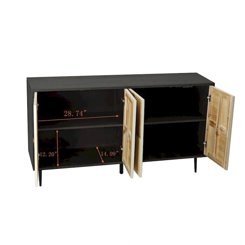 4-Door Sideboard Checkerboard Fluted Pine Panels Gold Ring Pulls Black Metal Legs Brown