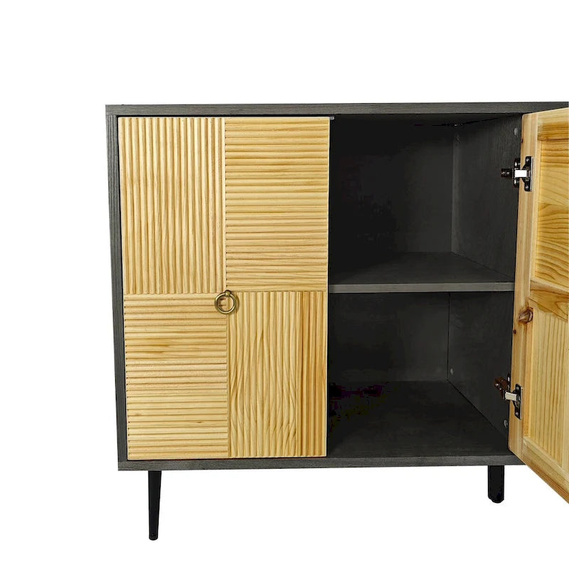 4-Door Sideboard Checkerboard Fluted Pine Panels Gold Ring Pulls Black Metal Legs Brown