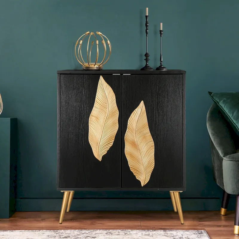 2-Door Accent Cabinet Black Oak Gold Leaf 3D Decor Mid-Century Style