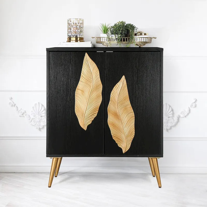 2-Door Accent Cabinet Black Oak Gold Leaf 3D Decor Mid-Century Style
