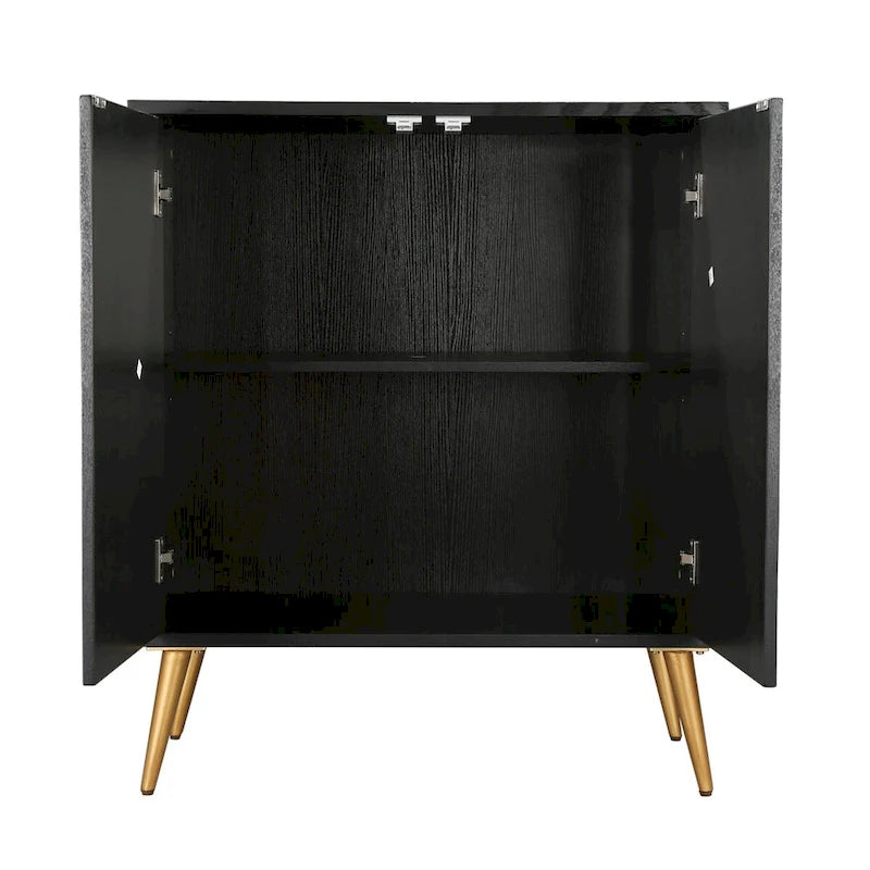 2-Door Accent Cabinet Black Oak Gold Leaf 3D Decor Mid-Century Style