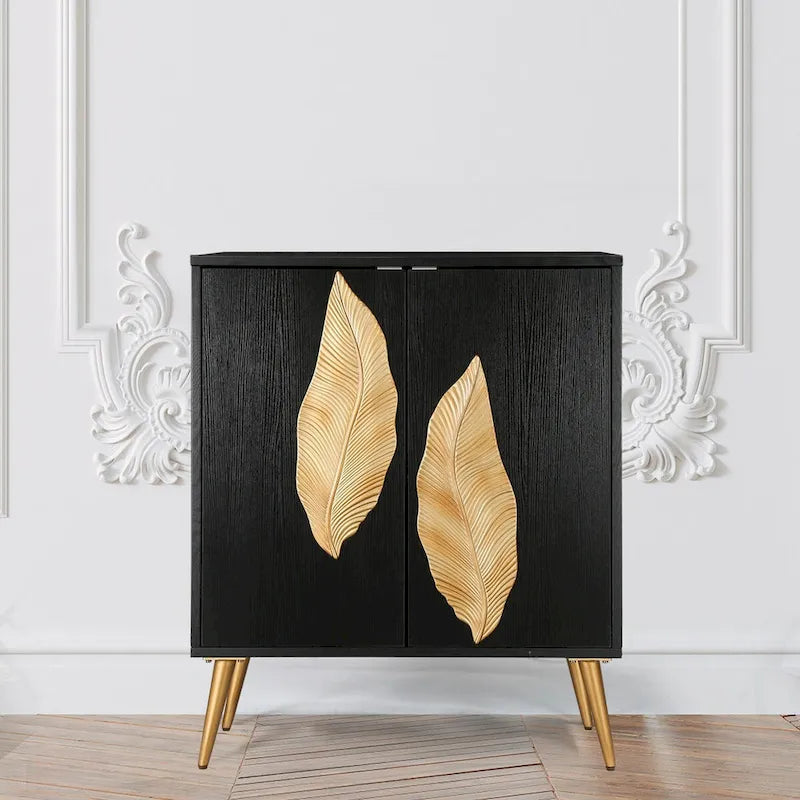 2-Door Accent Cabinet Black Oak Gold Leaf 3D Decor Mid-Century Style