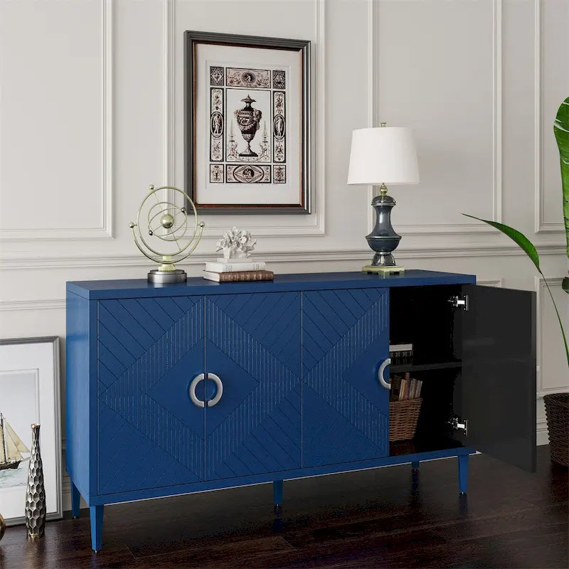 4-Door Sideboard Storage Cabinet Sculpted Lines Round Pulls Navy Blue