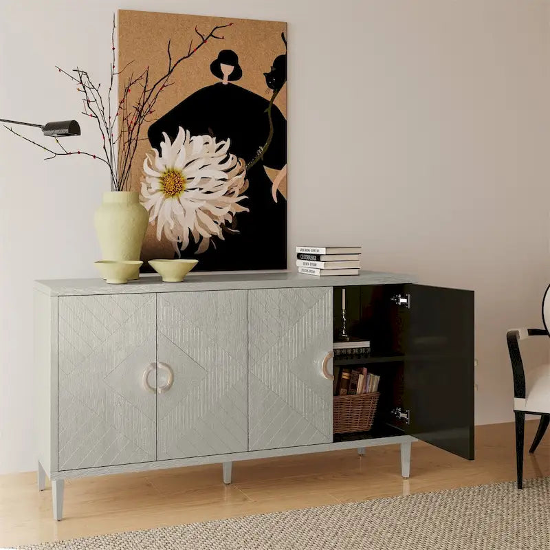 4-Door Sideboard Storage Cabinet Sculpted Lines Round Pulls Navy Blue