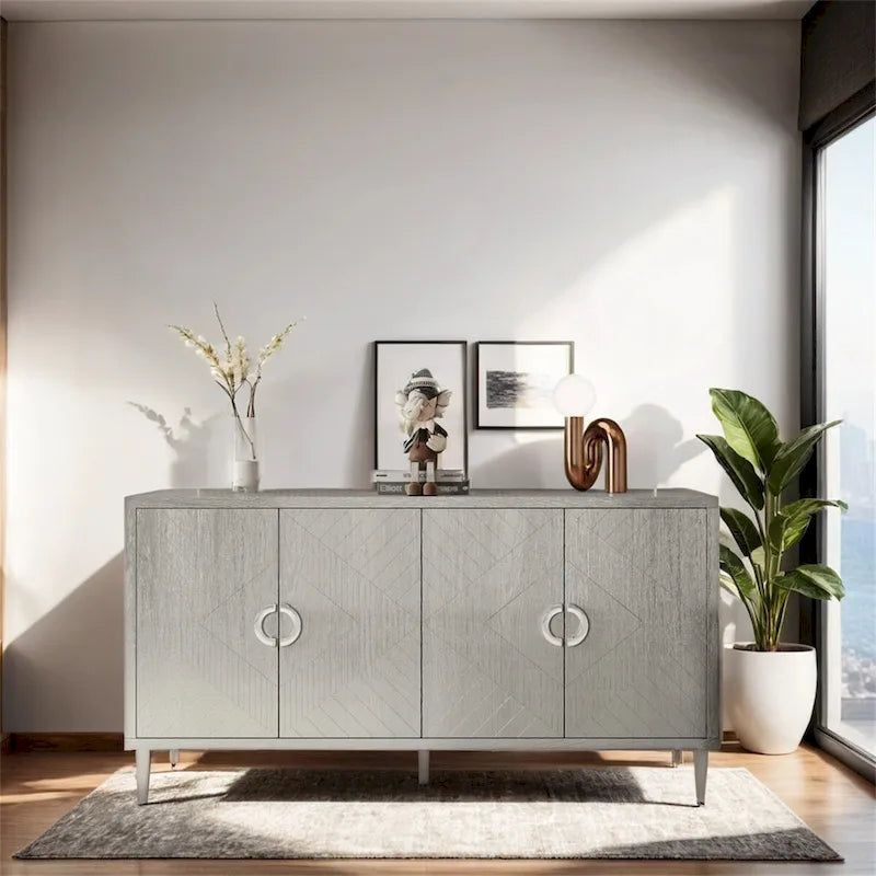 4-Door Sideboard Storage Cabinet Sculpted Lines Round Pulls Navy Blue