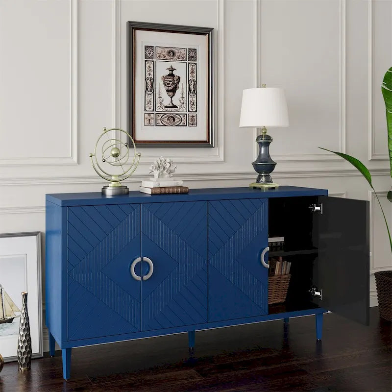 4-Door Sideboard Storage Cabinet Sculpted Lines Round Pulls Navy Blue