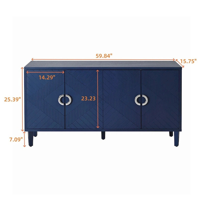 4-Door Sideboard Storage Cabinet Sculpted Lines Round Pulls Navy Blue