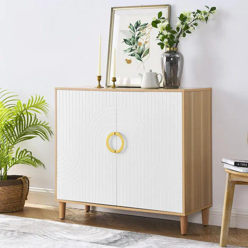 2-Door Accent Storage Cabinet Gold Ring Pull Tapered Wood Legs Natural White