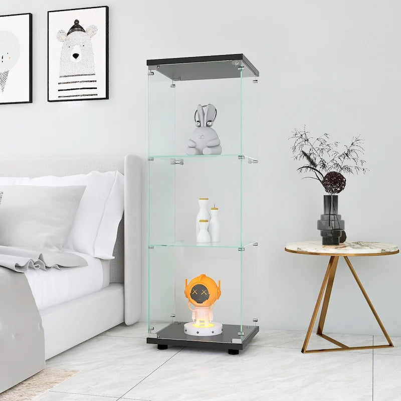 Vitrine en verre avec 3 étagères, vitrine à porte unique, bibliothèque en verre noire sur pied, installation rapide
