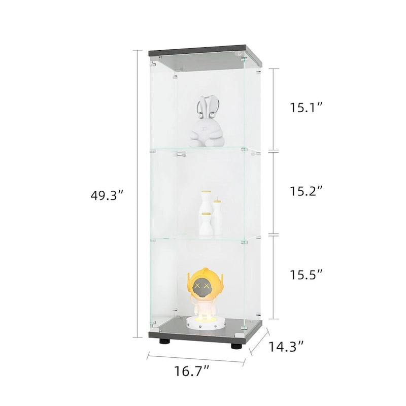 Vitrine en verre avec 3 étagères, vitrine à porte unique, bibliothèque en verre noire sur pied, installation rapide