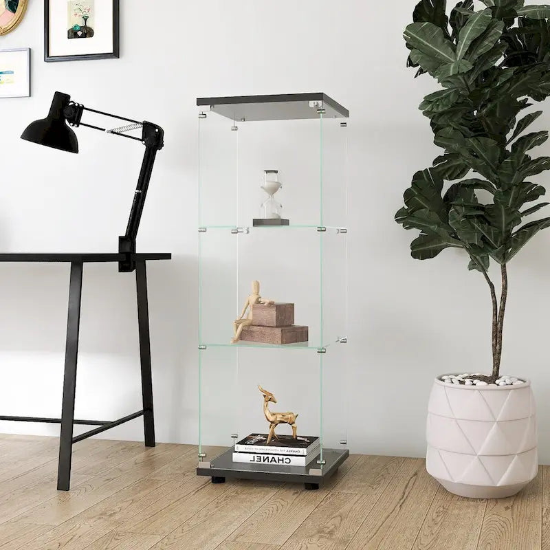 Vitrine en verre avec 3 étagères, vitrine à porte unique, bibliothèque en verre noire sur pied, installation rapide