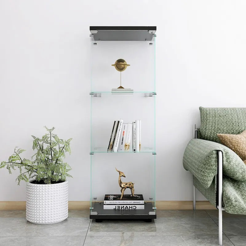 Vitrine en verre avec 3 étagères, vitrine à porte unique, bibliothèque en verre noire sur pied, installation rapide
